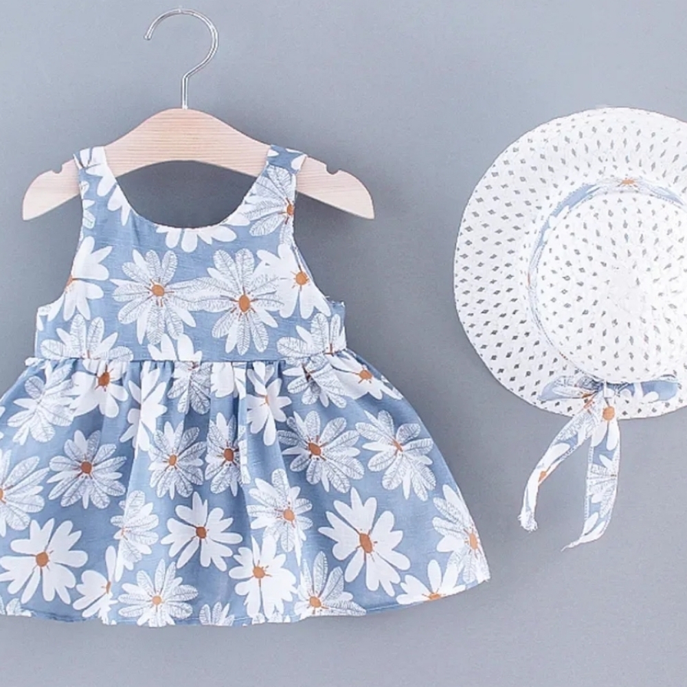 2pcs Baby Girl All Over Daisy Floral Print Bowknot Sleeveless Tank Dress w/ Hat